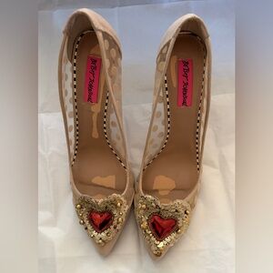 Betsey Johnson Gold and Red Heart Embellished Heels